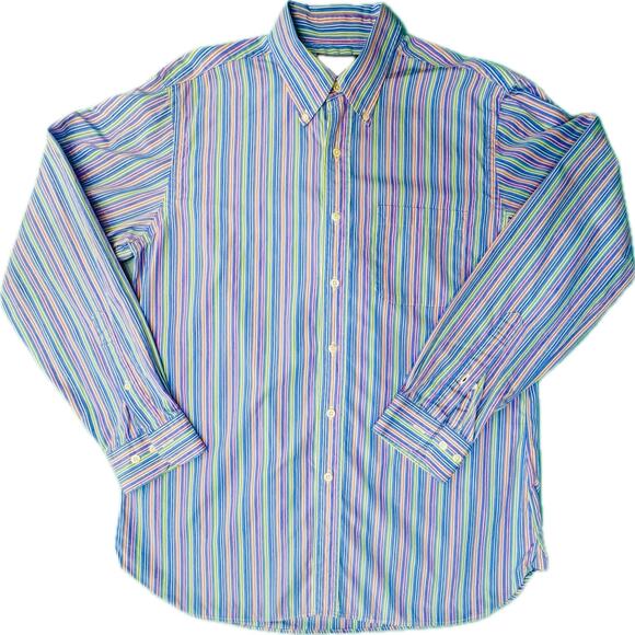 Brooks Brothers Country Club Button Down Slim Fit Shirt Men L Blue Pink Stripes - Picture 1 of 7